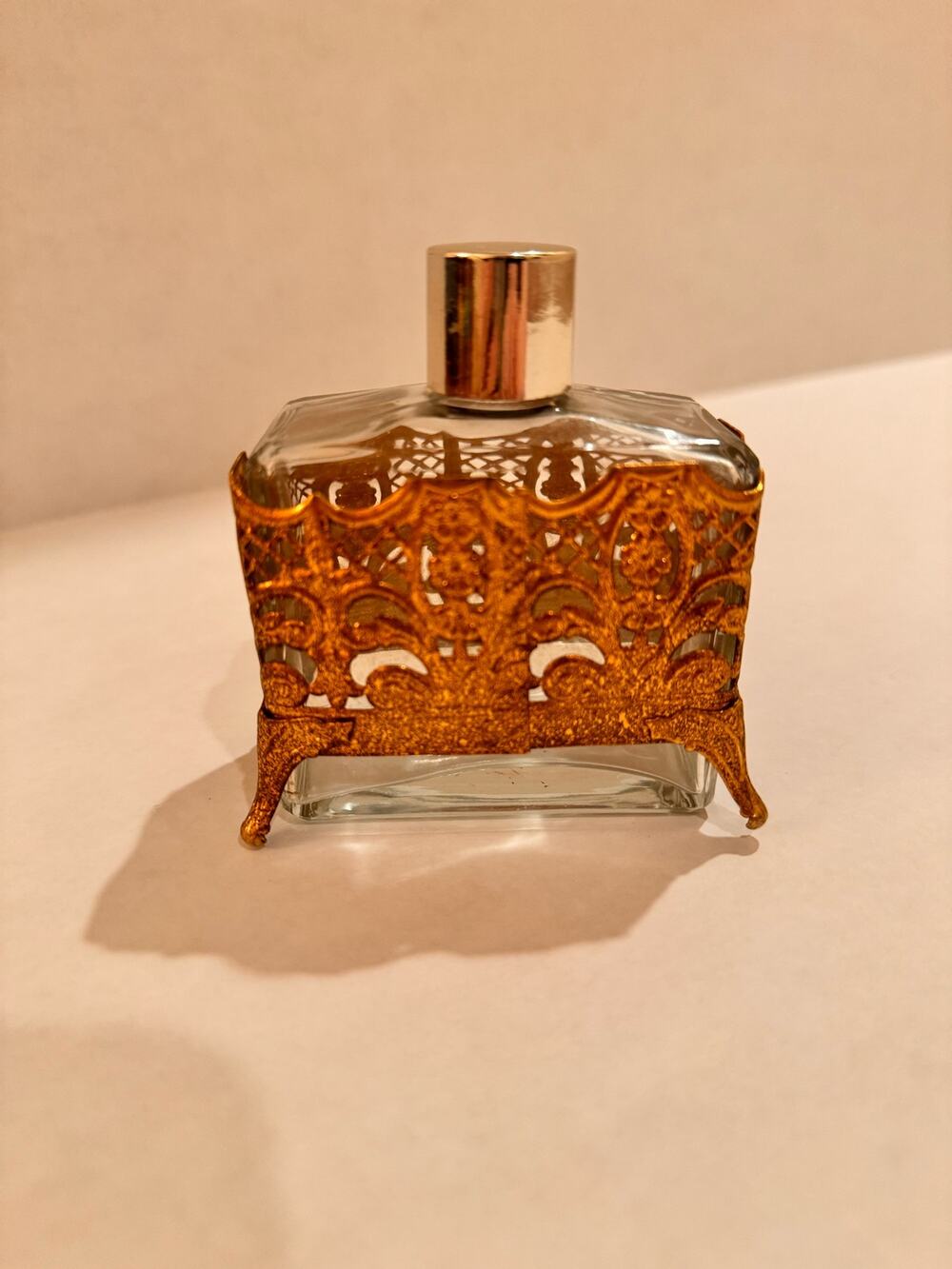 Vintage Perfume Bottle Ornate Footed Gold Filigree Cologne Vanity No Perfume